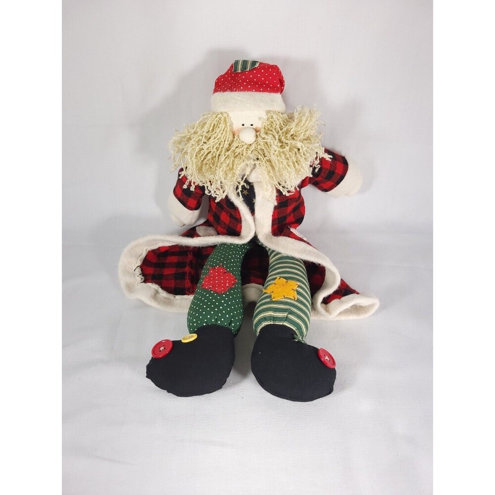 Vintage weighted Santa Doll wearing patched Robe‎ and Hat Patchwork buttons